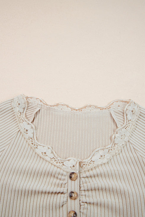Lace Trim Button Henley Lettuce Edge Ribbed Top
